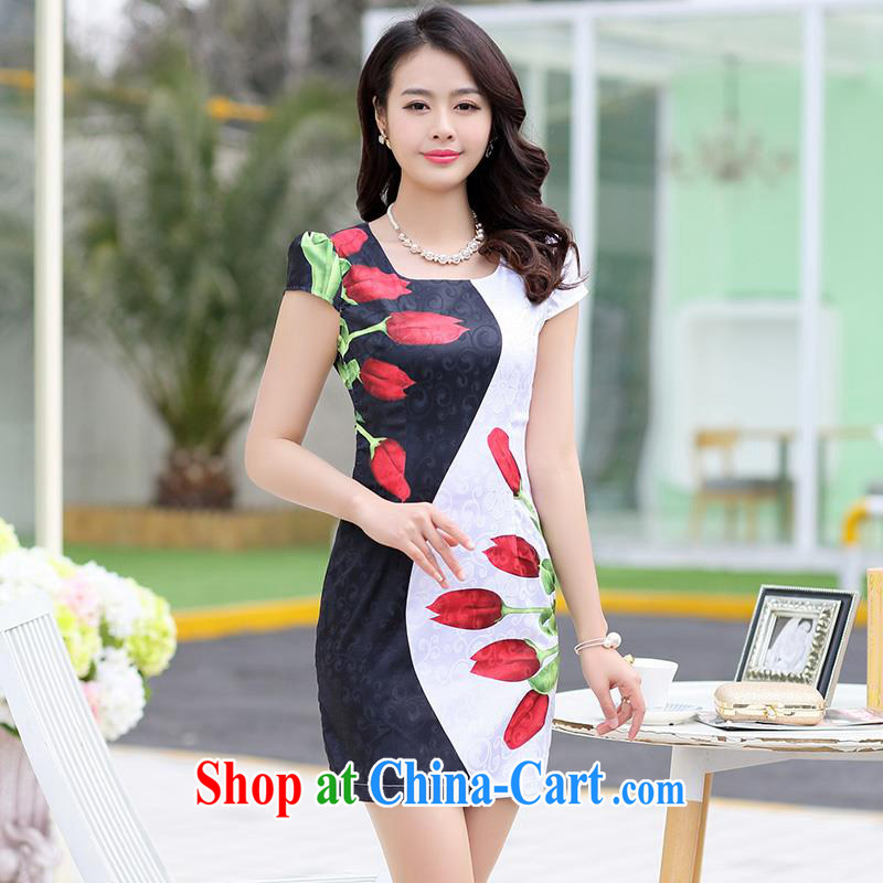 Improved cheongsam 2015 summer packages and short cheongsam dress party for the lumbar cultivating middle-aged dresses spell color stamp stylish mom on etiquette dress black L, UYUK, shopping on the Internet
