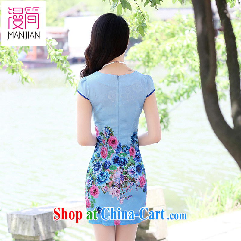 Spread in short 2015 new summer cheongsam dress short-sleeved improved national wind antique Chinese beauty package and short skirts blue rose XXL, diffuse in short, shopping on the Internet