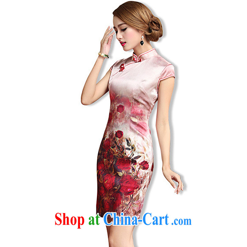 Shallow end elegance Silk Cheongsam qipao summer short, cultivating improved daily cheongsam dress AQE 007 Map Color XXL, light (at the end QM), and shopping on the Internet