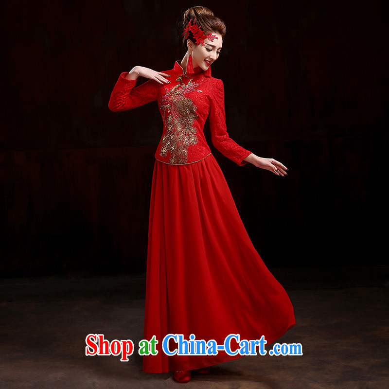 Pure bamboo love yarn-su Wo service 2015 new high-end bridal wedding dresses retro toast service kit spring dresses long Chinese Embroidery cheongsam red XXXL