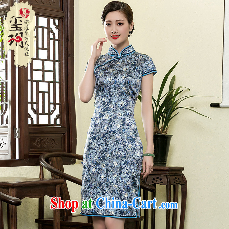 Yin Yue seal 2015 heavy silk stamp short cheongsam daily improved elegance floral ladies dress picture color L