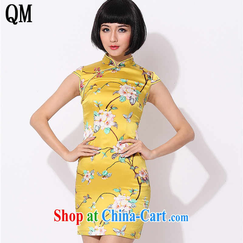 Shallow end floral retro style Silk Cheongsam improved daily Chinese sauna silk dress AQE 015 yellow XXXL