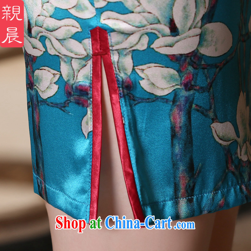 pro-am 2015 new, improved day-style short, short-sleeved, heavy sauna silk Silk Cheongsam dress blue 3 XL, pro-am, shopping on the Internet