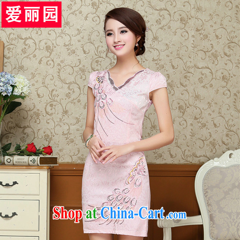 Alice Park 2015 summer new girls improved cheongsam beauty graphics thin lady further skirts, long, short-sleeved style package and dresses pink XXL