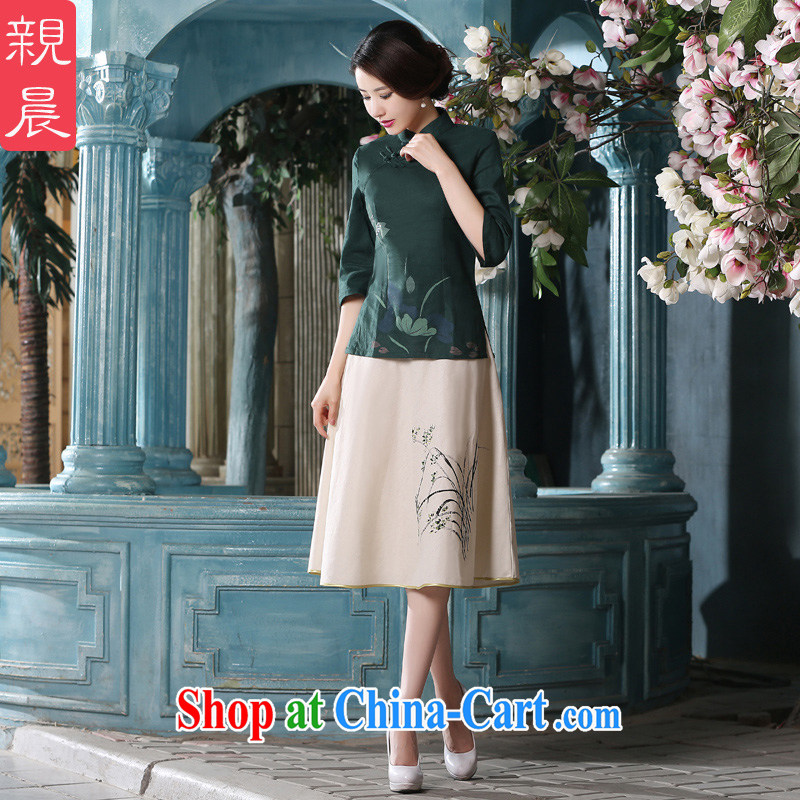 pro-am 2015 new daily improved summer short-sleeved 7 sub-cuff antique China wind Kit cotton the cheongsam shirt A 0080 - A T-shirt + P 0011 skirt XL