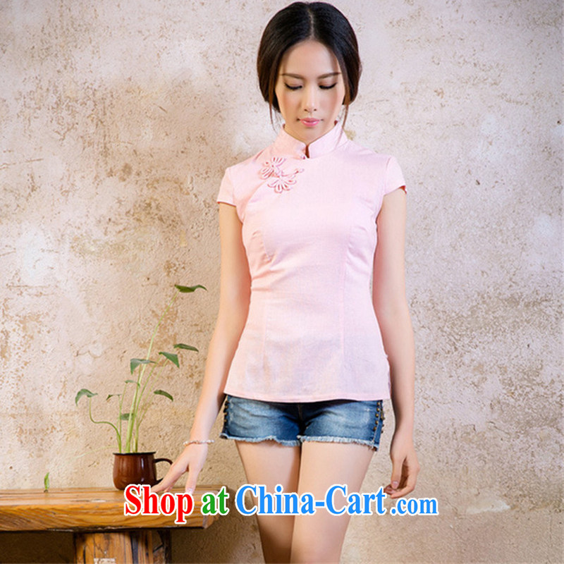 Shallow End Of Korea small fresh linen Pure pigment tang on T-shirt retro improved daily short-sleeved shirt AQE 2065 pink XXL, light (at the end QM), online shopping