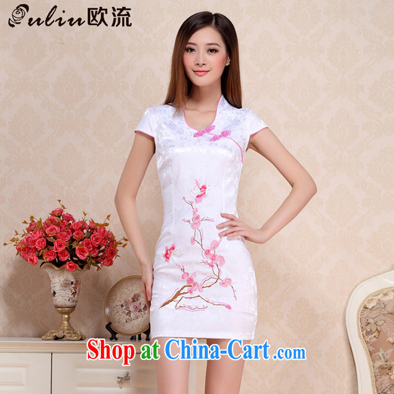 The stream summer embroidery Phillips short cheongsam classical style cheongsam dress Chinese etiquette serving AQE 0718 blue L, the stream (OULIU), and shopping on the Internet