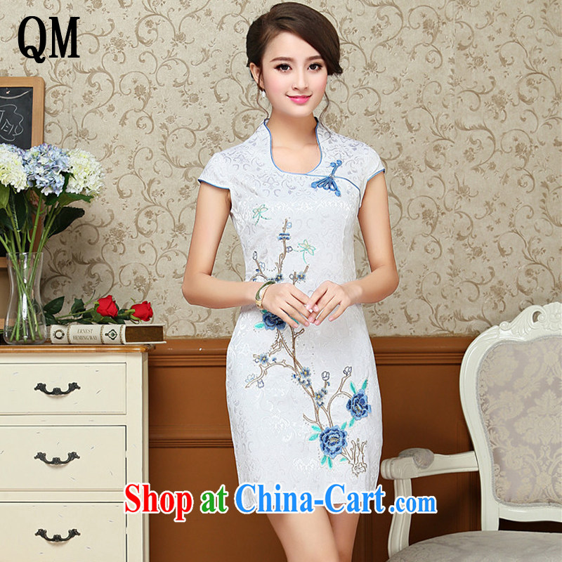 light at the Chinese antique dresses summer white blue embroidery cheongsam dress improved daily female Chinese AQE 618 blue XXL