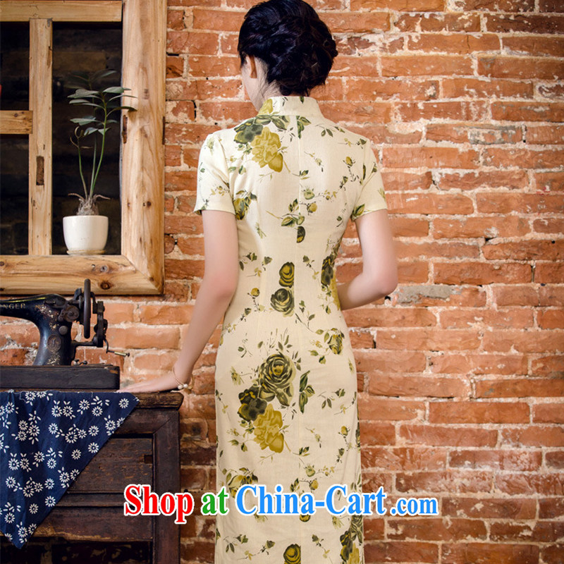 light cotton end the floral short-sleeved dresses in antique long dresses summer Chinese hospitality service forgetting D. AQE 2063 yellow rose XXXL, light (at the end QM), online shopping