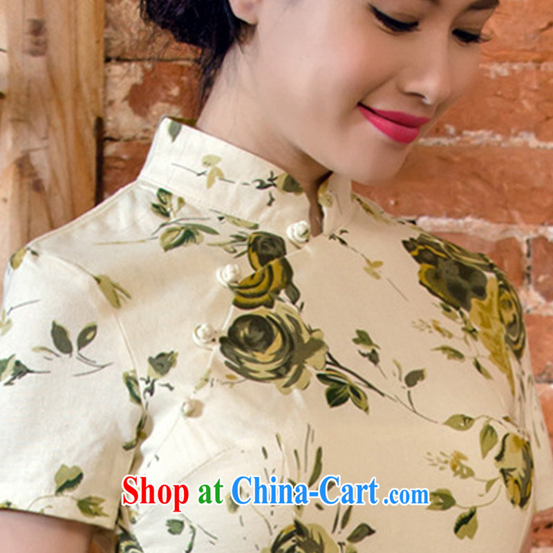 light cotton end the floral short-sleeved dresses in antique long dresses summer Chinese hospitality service forgetting D. AQE 2063 yellow rose XXXL, light (at the end QM), online shopping