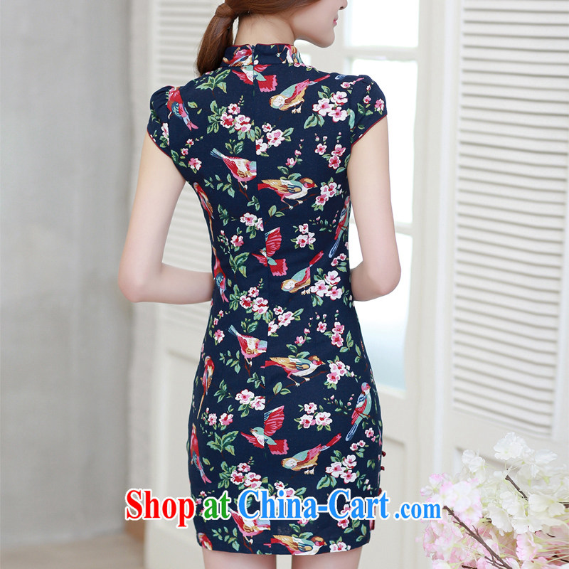 The Commission cotton robes 2015 new spring and summer short, Retro beauty and stylish improved daily cheongsam dress dark blue XL, Jing Hai dreams married Yi, and shopping on the Internet