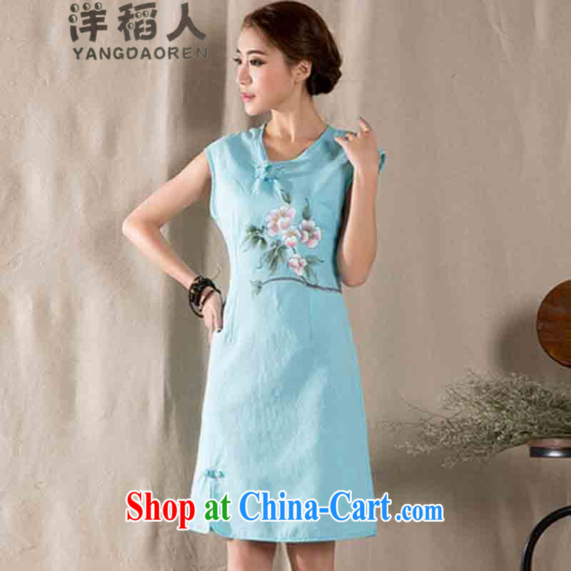 foreign rice, 2015 new art nouveau female hand-painted beauty improved cheongsam dress #1223 blue XL, foreign rice (YANGDAOREN), shopping on the Internet