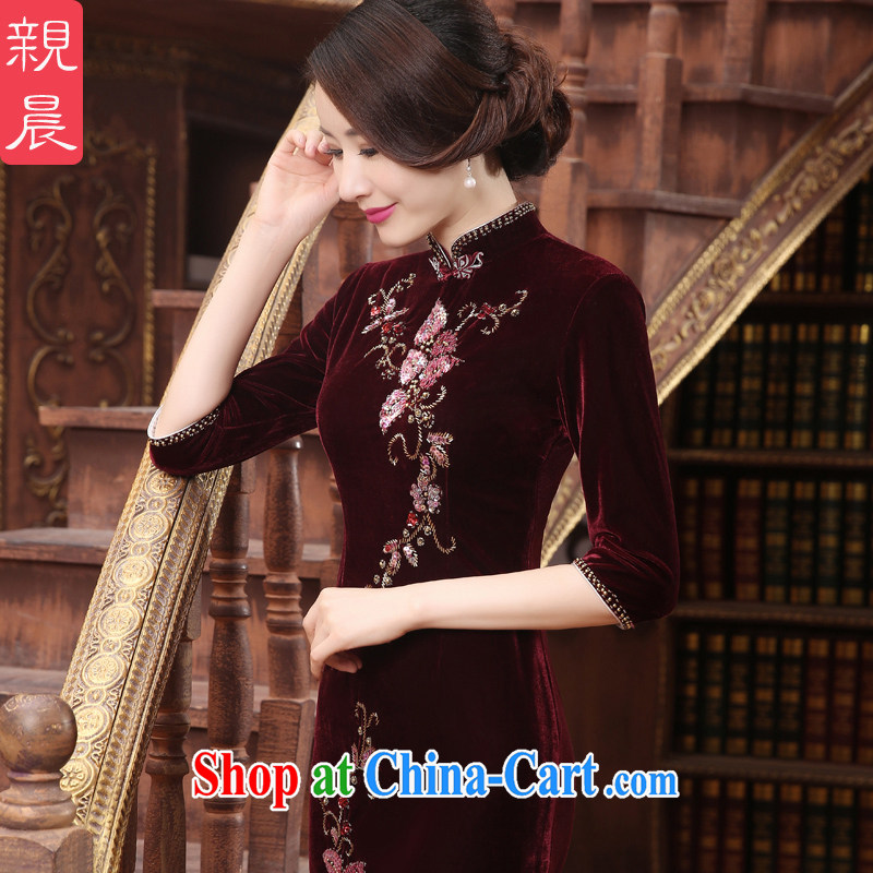pro-am 2015 new daily summer improved stylish long velvet cheongsam dress wedding banquet mother with wine red 2 XL, pro-am, shopping on the Internet
