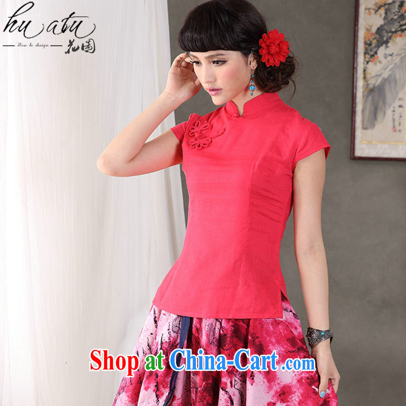 spend the summer, original design Chinese-buckle flower basket the linen short-sleeve, collared T-shirt dresses T-shirt red flower 2 XL, flowers, and shopping on the Internet