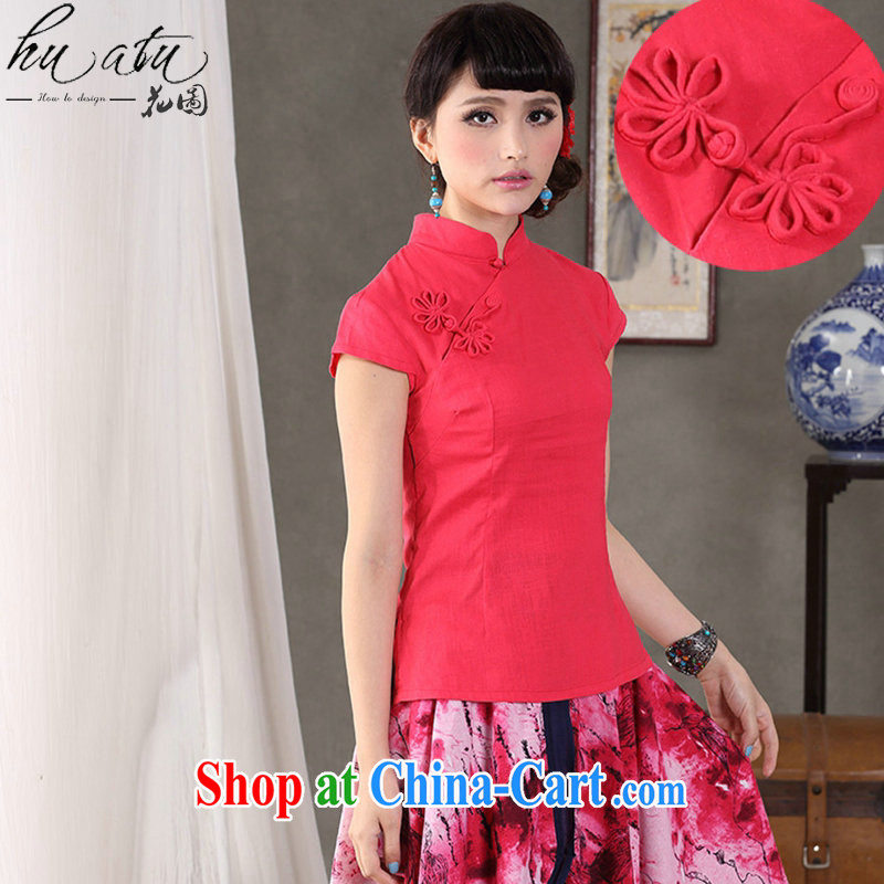 spend the summer, original design Chinese-buckle flower basket the linen short-sleeve, collared T-shirt dresses T-shirt red flower 2 XL, flowers, and shopping on the Internet