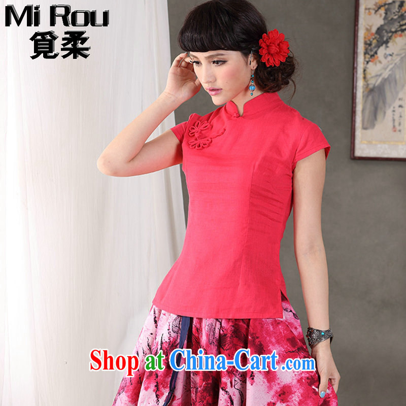 Find Sophie summer, original design Chinese-buckle flower basket the linen short-sleeve, collared T-shirt dresses T-shirt red flower 2 XL