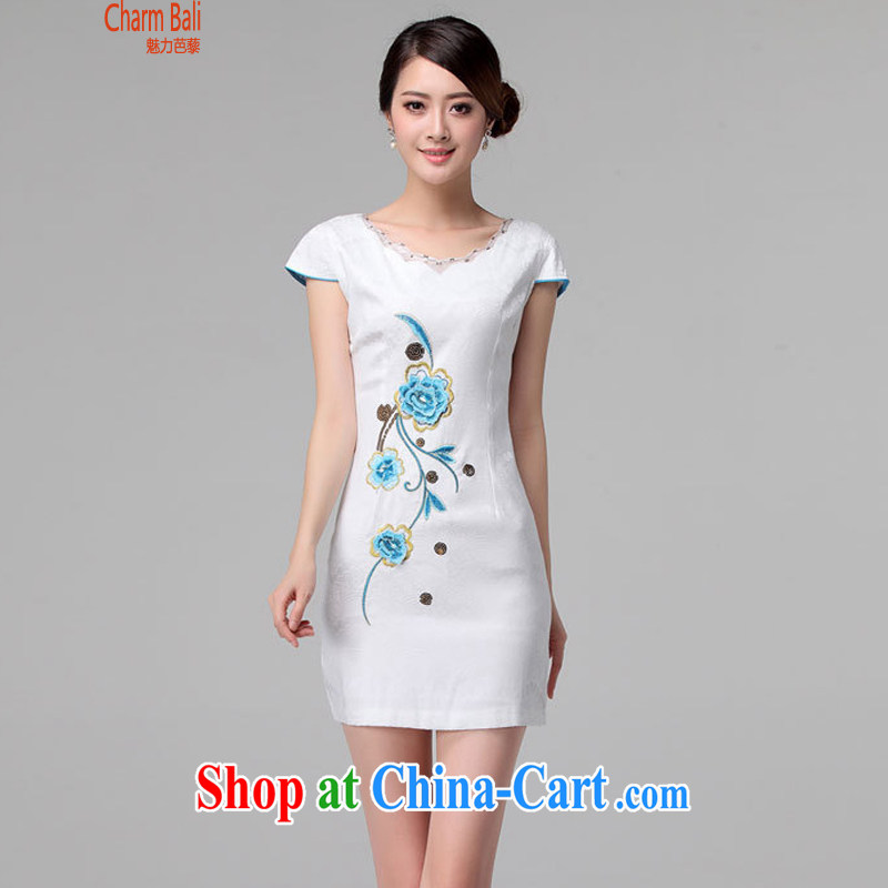 2015 summer edition Korea beauty and Stylish retro short-sleeved Chinese qipao, long dresses white M