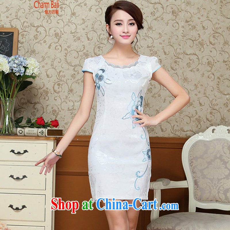 2015 summer edition Korea beauty and Stylish retro short-sleeved Chinese qipao, long style dress light blue XXL