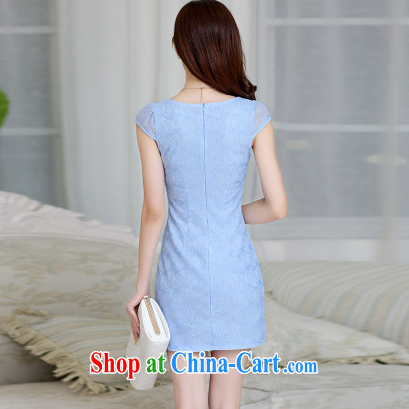 2015 summer edition Korea beauty and Stylish retro petal collar short-sleeve Chinese qipao, long dresses blue L, charm and Asia Pattaya (Charm Bali), online shopping