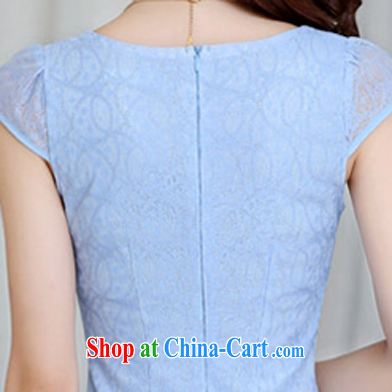 2015 summer edition Korea beauty and Stylish retro petal collar short-sleeve Chinese qipao, long dresses blue L, charm and Asia Pattaya (Charm Bali), online shopping