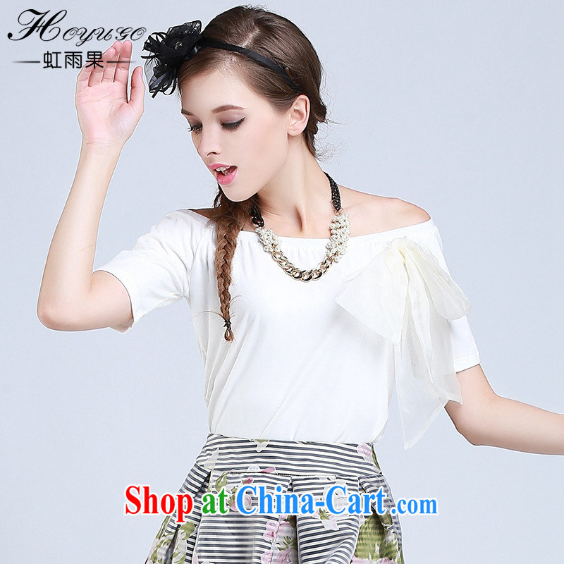 hamilton 2015 summer new women with a shoulder cotton shirt Female European root yarn bow-tie knitted short-sleeved shirt T L white, blue rain bow, and shopping on the Internet