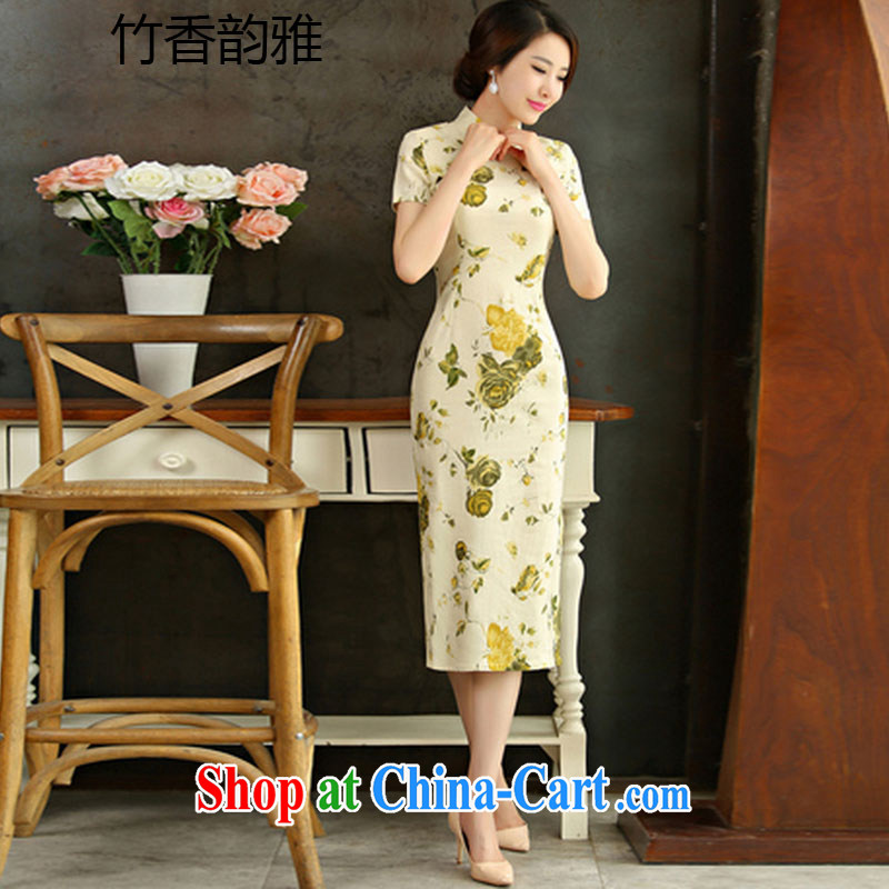 Bamboo incense, the 2015 spring and summer beauty retro graphics thin short sleeves in the Code improved linen long skirt outfit Huangmei XXL