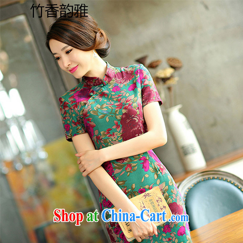 Bamboo incense, the 2015 spring and summer beauty retro graphics thin short sleeves in the Code improved linen long cheongsam dress 9008 Green Maze XXL, bamboo flavor, and shopping on the Internet