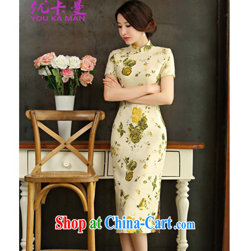 Optimize the Cayman 2015 spring and summer beauty retro graphics thin short sleeves in the Code improved linen long cheongsam dress 9007 #blue L, optimize the Cayman (YOUKAMAN), shopping on the Internet