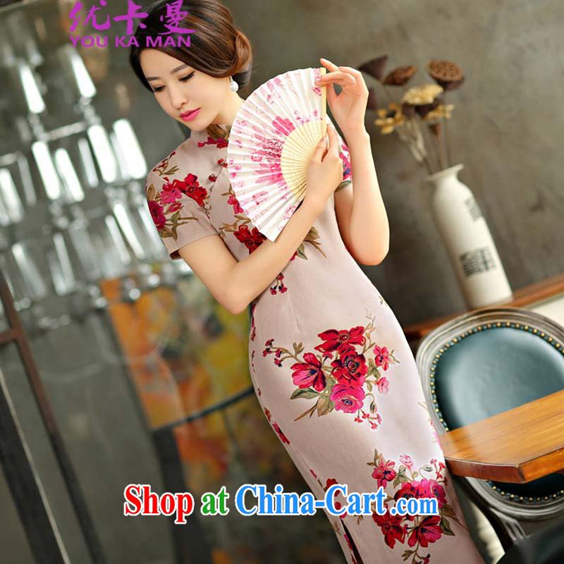 Optimize the Cayman 2015 spring and summer beauty retro graphics thin short sleeves in the Code improved linen long cheongsam dress 9007 #blue L, optimize the Cayman (YOUKAMAN), shopping on the Internet