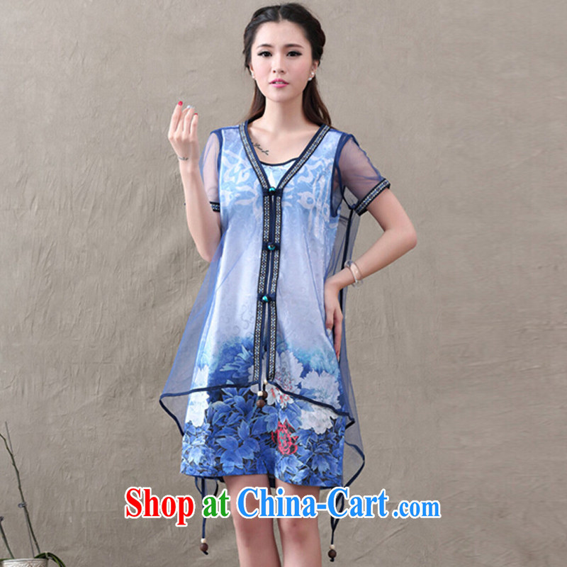 According to Chi-sun 2015 summer China National wind graphics thin cheongsam improved web yarn stamp dress two-piece female blue XXL, according to Chi-sun, online shopping