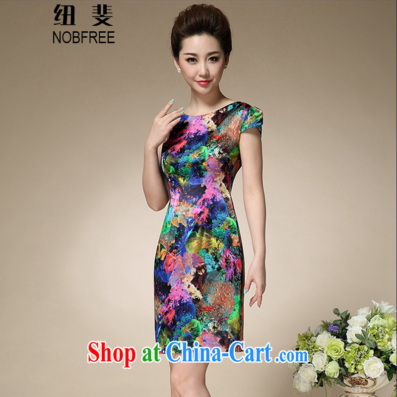 New Zealand has 2015 summer new stamp duty round-collar short-sleeve mom with silk dresses beauty charm antique dresses Z 195 blue stamp 3XL