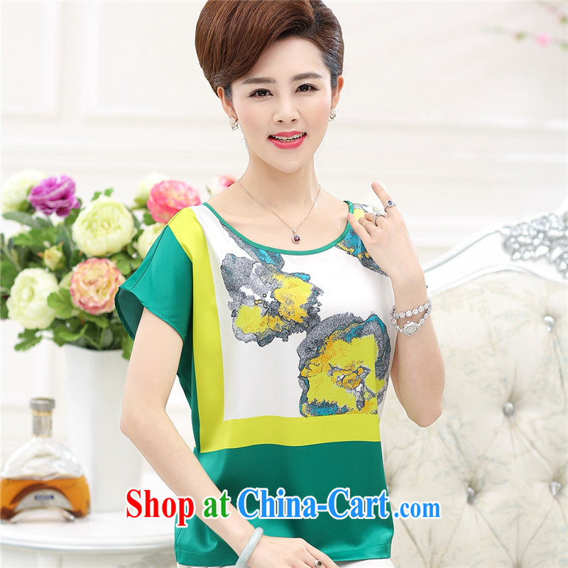 Ya-ting store 2015 middle-aged and older female summer new products, mom with silk short-sleeved shirt T middle-aged stamp bat T-shirt green XXXL