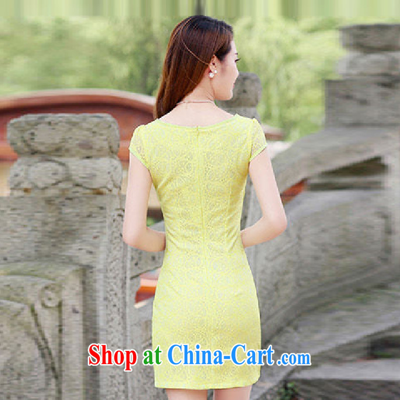 Kam-ming Yin Yue 7 summer new hook spent cultivating graphics thin solid color style, Chinese cheongsam lace short-sleeved dresses summer yellow XL, Kam-ming Yin Yue 7, online shopping