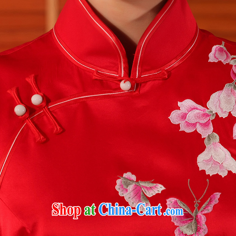 Butterfly Lovers 2015 summer new heavy silk manual and embroidery cheongsam dress uniform toasting retro wedding dresses red XXL, Butterfly Lovers, shopping on the Internet