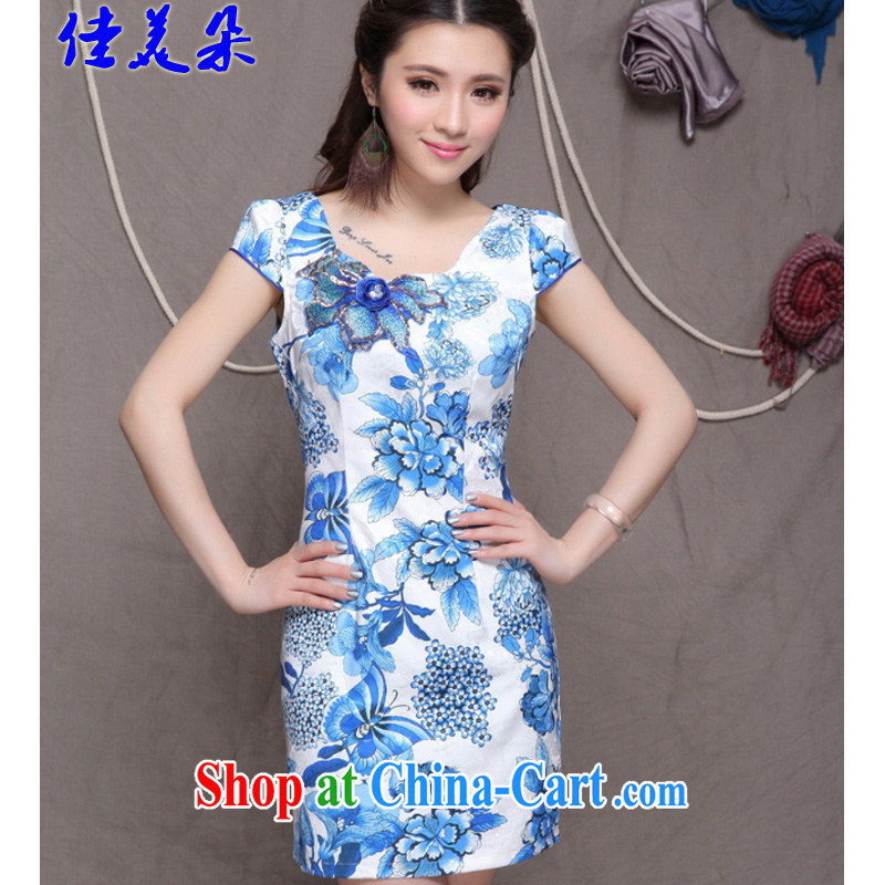 Good flower embroidery cheongsam Ethnic Wind stylish Chinese qipao dress retro beauty graphics thin outfit #9907 blue blue L, good Flower (JIA MEI DUO), online shopping