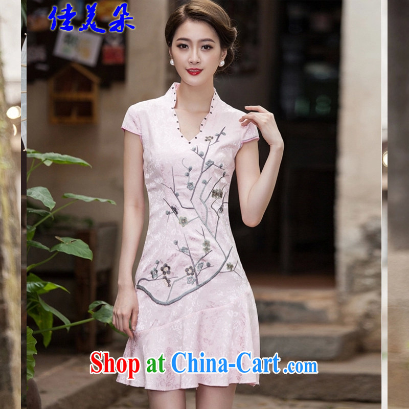 Good and flower 2015 spring and summer new short-sleeved V collar embroidered Phillips nails Pearl crowsfoot skirt with embroidery short cheongsam 1123 #white XL, good and flower (JIA MEI DUO), online shopping