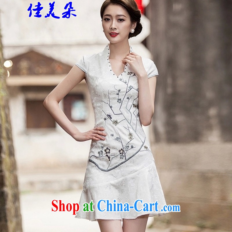 Good and flower 2015 spring and summer new short-sleeved V collar embroidered Phillips nails Pearl crowsfoot skirt with embroidery short cheongsam 1123 #white XL, good and flower (JIA MEI DUO), online shopping