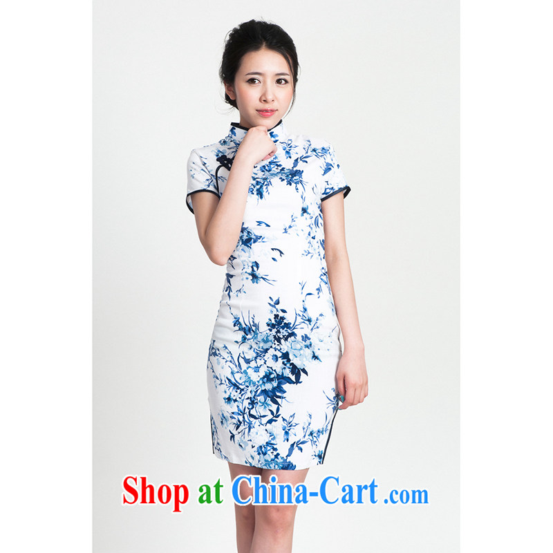 100 brigade Bailv summer new cotton stamp Chinese cheongsam dress short-sleeve dresses female B F 1 1028 # sauna-jae of the flower - cotton the blue and cyan 2XL, 100 brigade (Bailv), online shopping
