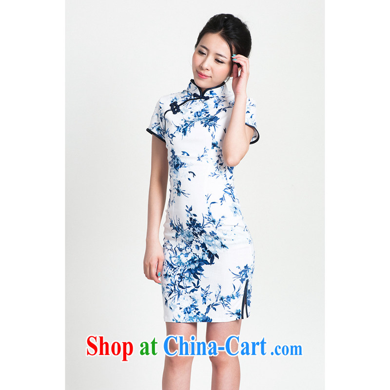 100 brigade Bailv summer new cotton stamp Chinese cheongsam dress short-sleeve dresses female B F 1 1028 # sauna-jae of the flower - cotton the blue and cyan 2XL, 100 brigade (Bailv), online shopping