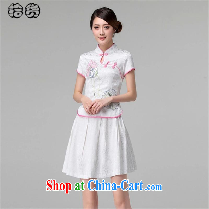 The HELENE ELEGANCE 2015 summer stylish aura dress short-sleeved pipa ends without the forklift truck cheongsam dress female Two-piece beauty graphics thin daily retro improved cheongsam Package white