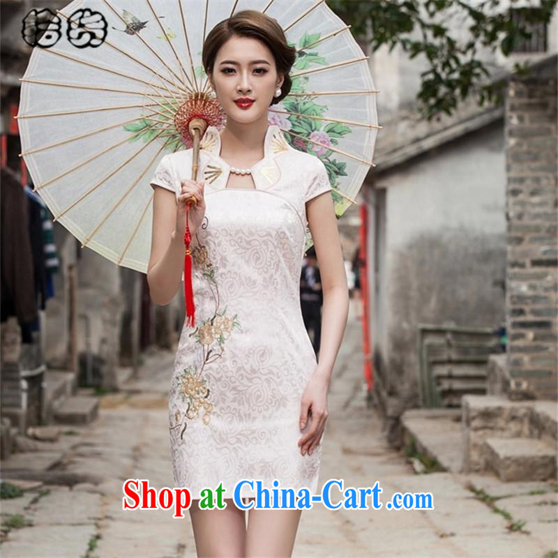 The HELENE ELEGANCE 2015 summer, Elegance floral embroidery cheongsam dress improved stylish beauty package and off-cut dresses, elegant day dresses girls dresses apricot