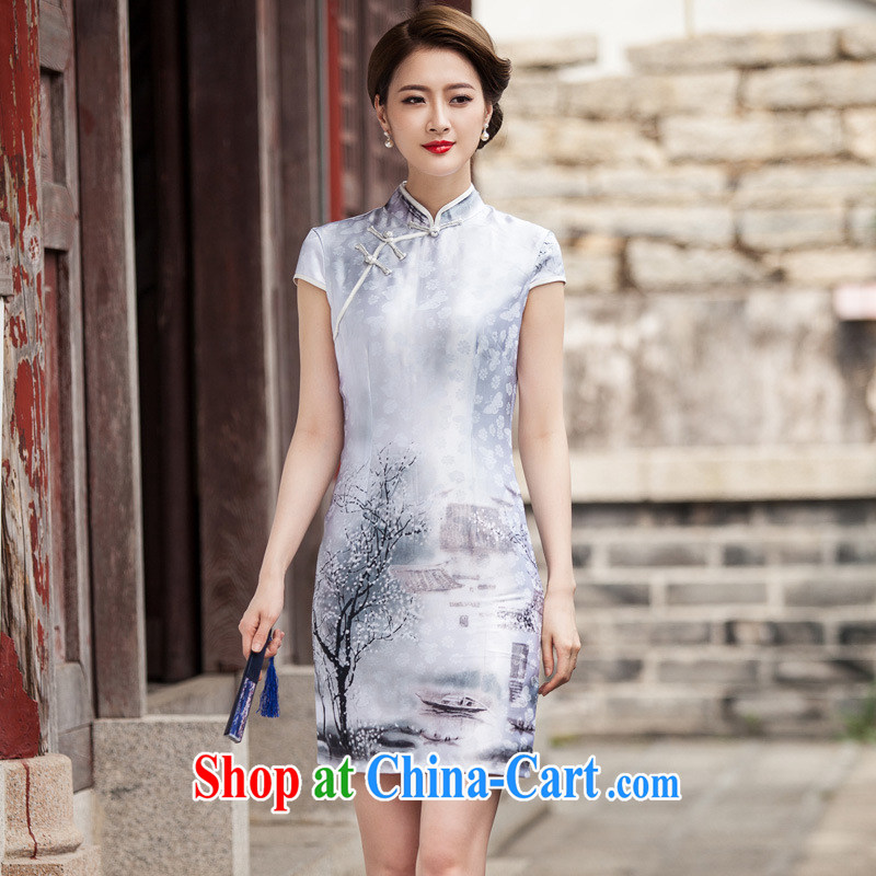 Petals rain family * 2015 new painting classic short-sleeve cheongsam dress retro fashion China wind daily outfit 1107 Chinese Painting (landscape), L petals, rain, family, shopping on the Internet