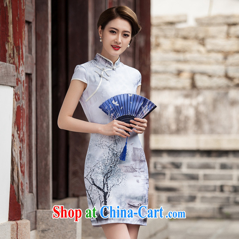 Petals rain family * 2015 new painting classic short-sleeve cheongsam dress retro fashion China wind daily outfit 1107 Chinese Painting (landscape), L petals, rain, family, shopping on the Internet