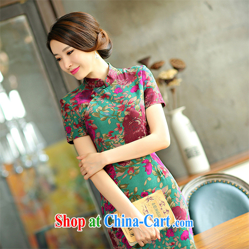 The economy as Princess Diana's '9008 real-time concept 2015 spring and summer beauty retro graphics thin short sleeves in the Code improved linen long cheongsam dress Huangmei 9012 M, economy, Princess, and shopping on the Internet