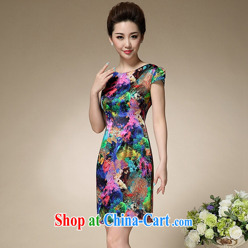 Colorful Flowers 2015 summer new stamp duty round-collar short-sleeve mom with silk beauty charm antique dresses 8996 blue stamp XXXL, fragrant flowers (CAI HUA XIANG), online shopping