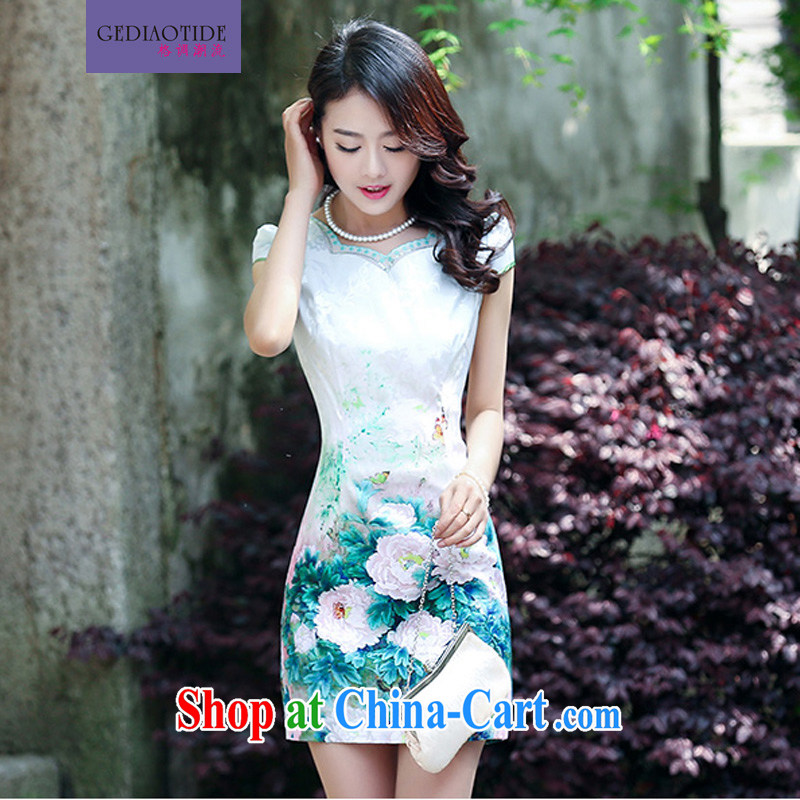 2015 summer dress new ethnic wind Chinese Chinese jacquard retro beauty style graphics thin short-sleeve package and cheongsam dress green L