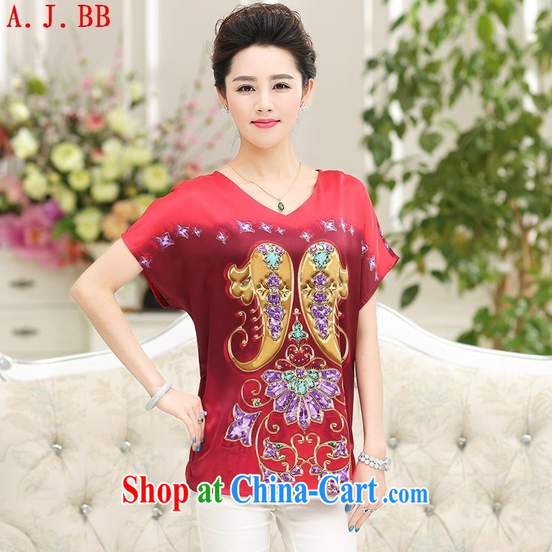 Black butterfly 2015 summer silk T-shirt large, middle-aged mother with round-collar short-sleeve sauna T silk shirts, older with pink XXXL, A . J . BB, shopping on the Internet