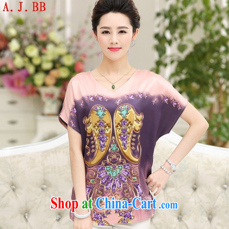 Black butterfly 2015 summer silk T-shirt large, middle-aged mother with round-collar short-sleeve sauna T silk shirts, older with pink XXXL, A . J . BB, shopping on the Internet