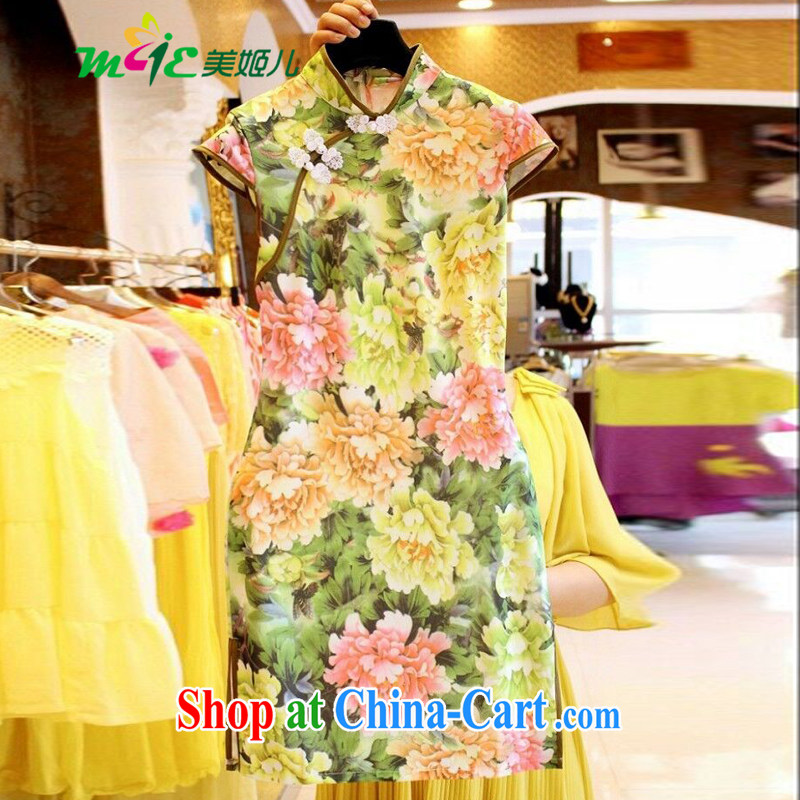 Mi-hee's 2015 summer new Ethnic Wind stamp tray back on the truck-waist graphics thin cheongsam dress yellow S, the United States and her son, and, on-line shopping