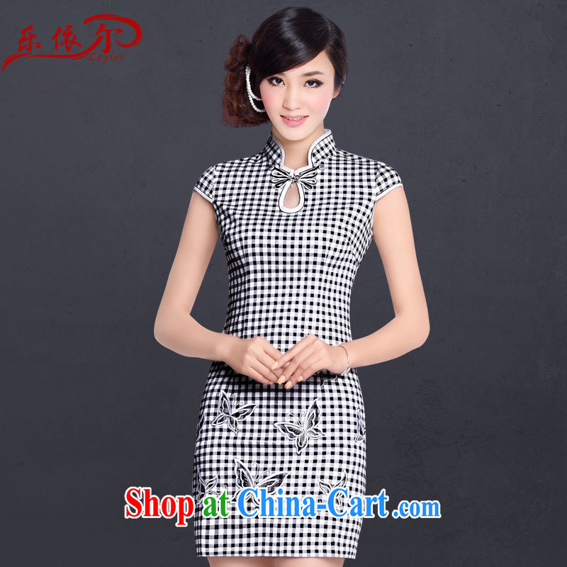And, in spring and summer short sleeve cheongsam dress improved stylish personalized grid three-dimensional embroidery embroidery cheongsam LYE summer 1309 grid color XL